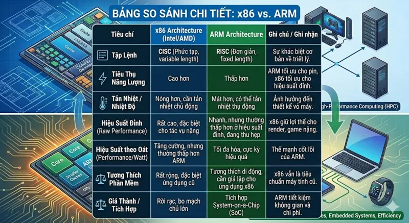 Bảng so sánh kiến trúc chíp x86 và ARM